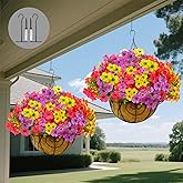 Artificial Hanging Flowers Plants 2 Set,Faux Flowers Basket for Outdoor Porch Decor,Valentine's Day Fake Silk UV Sun Resistant Colorful Life-Like Hanging Flower for Garden Balcony Yard Dector