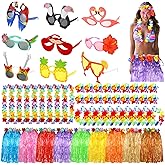 Juinte 54 Pcs/ 9 Sets Luau Party Decorations Hawaiian Glasses Grass Skirts Leis for Tropical Beach Hawaii Party Supplies Women Men Costume Accessories