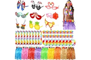 Juinte 54 Pcs/ 9 Sets Luau Party Decorations Hawaiian Glasses Grass Skirts Leis for Tropical Beach Hawaii Party Supplies Women Men Costume Accessories