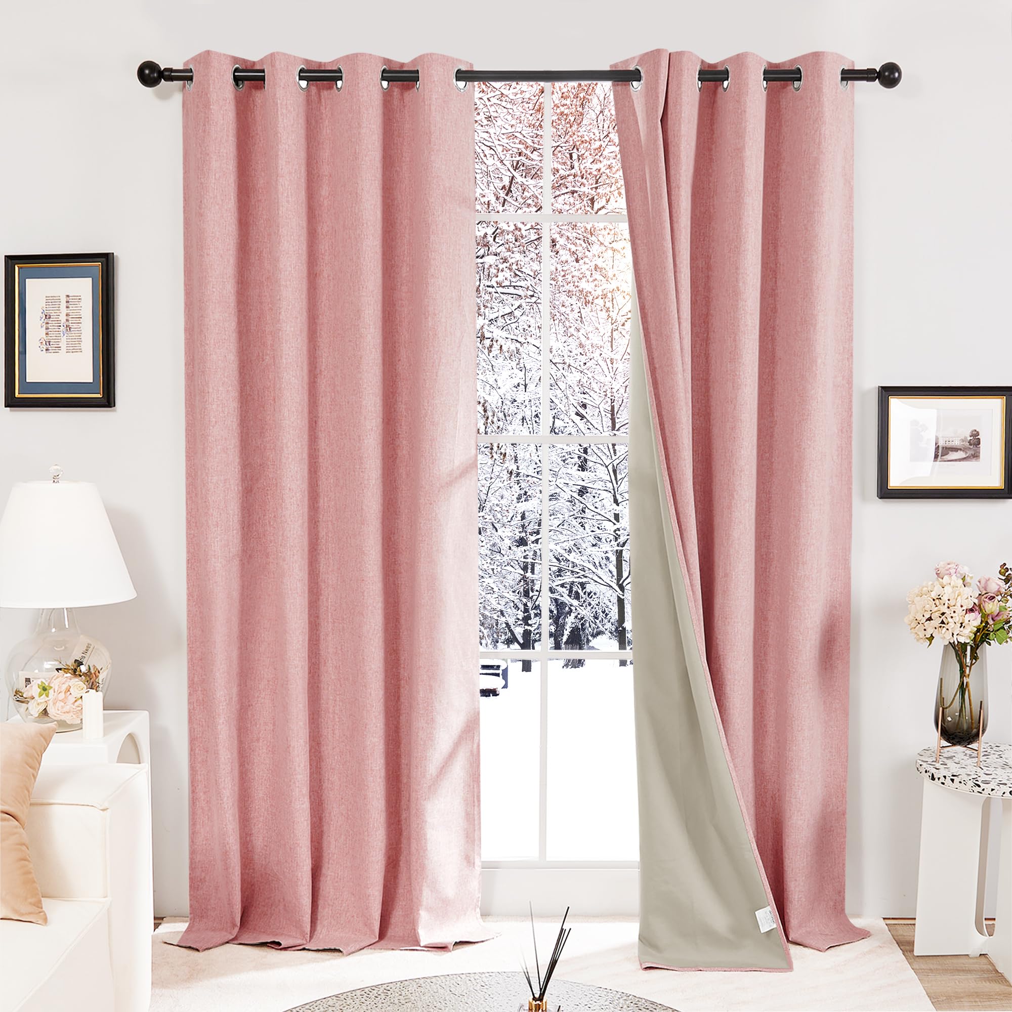 Deconovo Faux Linen 100% Blackout Curtains Eyelet Thermal Insulated Curtains for Living Room Blush Pink W46 x L54 One Pair — image 1