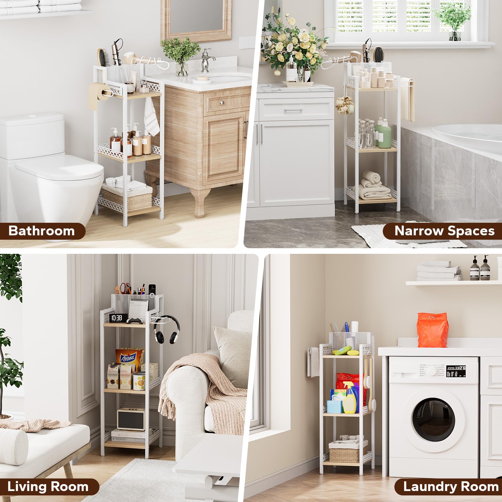 FURFUN Slim Bathroom Storage Shelf Unit, 3 Tier Corner Storage, Rustic Makeup Organizer, Space-Saving Floor Standing Storage Shelves for Bathroom, Vanity,Kitchen, Laundry 9.85im Matte White