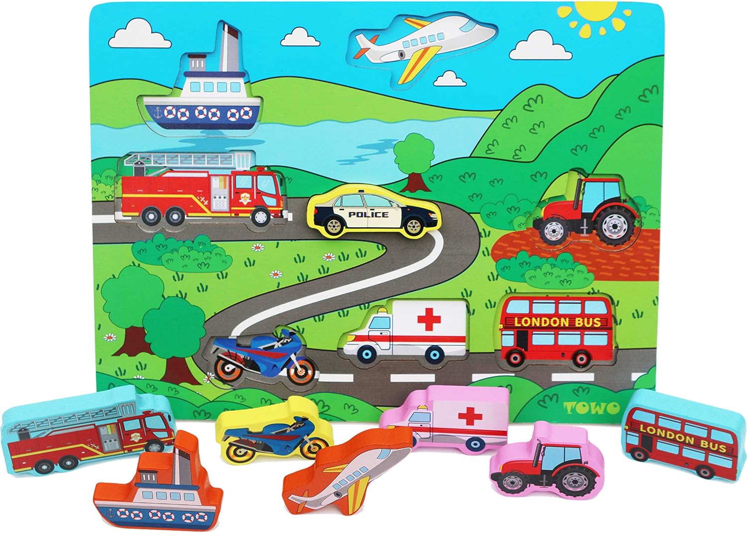 TOWO Wooden Transport puzzle board - Wooden Vehicle Peg Puzzle Inset chunky size - Wooden Toys Jigsaw Puzzle for 18 months Toddler Baby First Puzzle