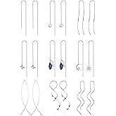 ORAZIO 9 Pairs Threader Earrings for Women Stainless Steel Chain Tassel Earrings Lightweight Double Twist Wave Heart Moon Leaf Threader Dangle Drop Earrings Minimalist Long Chain Earrings Set