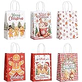 12 Pcs Christmas Gift Bags Gingerbread Man Theme Kraft Paper Bags Treat Goodie Bag with Handles for Xmas Party Holiday Supplies