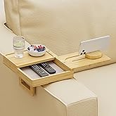 Wealone Bamboo Couch Arm Tray with 2 Rotatable Tray, Adjustable Sofa Arm Clip Table with Storage Box & 360° Phone Holder, Cou