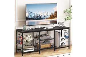 YGEOMER Entertainment Center for Up to 55 Inch TVs, TV Stand with Power Outlet and Open Storage Shelves, TV Media Console Table for Living Room and Bedroom, Black