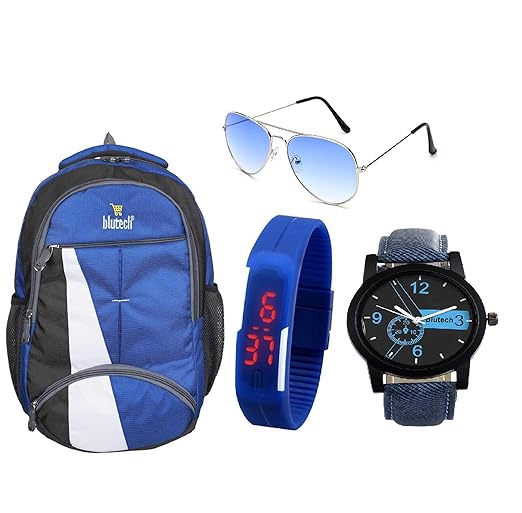 Fabric 30 LTR Blue Laptop Backpack+Analogue Watch Blue+Led Watch Blue Aviator