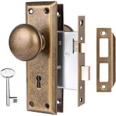 ToPToToo Mortise Lock Set for Interior Door, Vintage Antique Door Knobs with Lock and Skeleton Key, Old Door Knob Replacement Fits 1-3/8 in 1-3/4 in, Vintage Brass Finish
