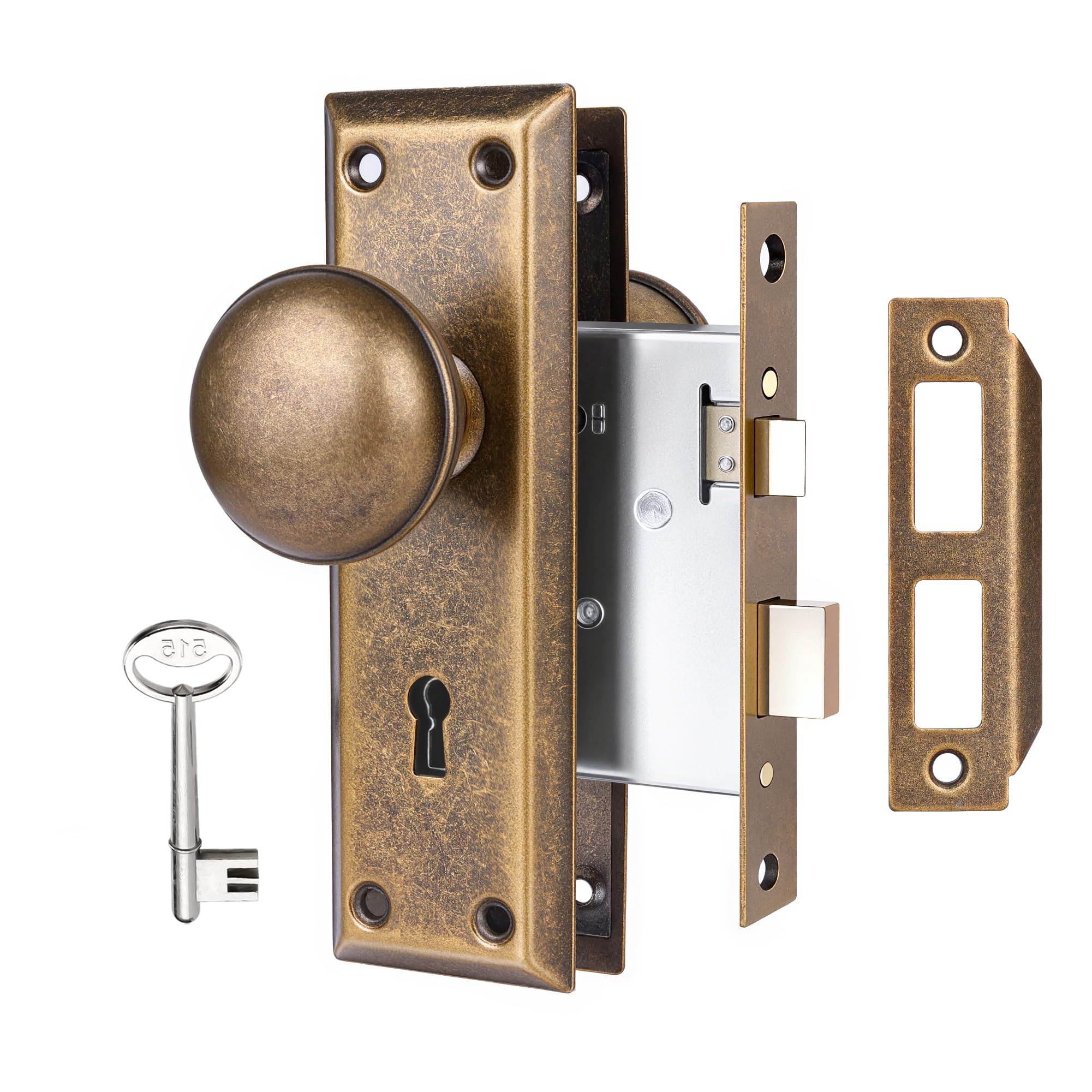 Photo 1 of Toptotoo Mortise Lock Set for Interior Door, Vintage Antique Door Knobs with Lock and Skeleton Key, Old Door Knob Replacement Fits 1-3/8 in 1-3/4 in, Vintage Brass Finish