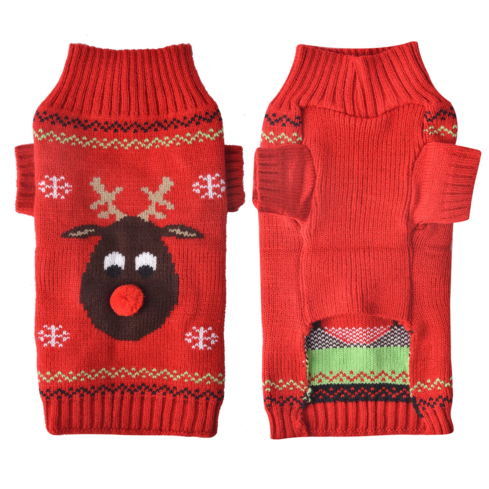 TENGZHI Christmas Dog Costumes Knitted Pet Dog Christmas Sweater,Reindeer Holiday Pet Clothes Jumper For Small Medium Large Dogs Puppy Kitten Cats (Large, Red Nose Ugly Sweater)