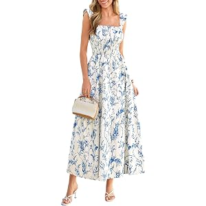 PRETTYGARDEN Women Boho Floral Maxi Sundresses | Square Neck A Line, Ruffle Straps, Smocked Pocket Dress, Flowy Spring Summer