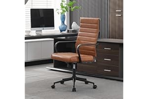 Okeysen Leather Office Desk Chair, Mid-Century Modern Leather Conference Room Chairs, Ergonomic Executive Ribbed Height Adjustable Swivel Rolling Chair for Home Office.