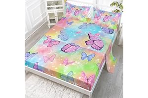 Datura home Bedding Fitted Sheet and Flat Sheet Set 4Pcs Colorful Rainbow Butterfly Printed Bedding Set with 1 Flat Sheet and 1 Fitted Sheet+2 Pillowcases for Girls,Rainbow Butterfly,Full 81x97in