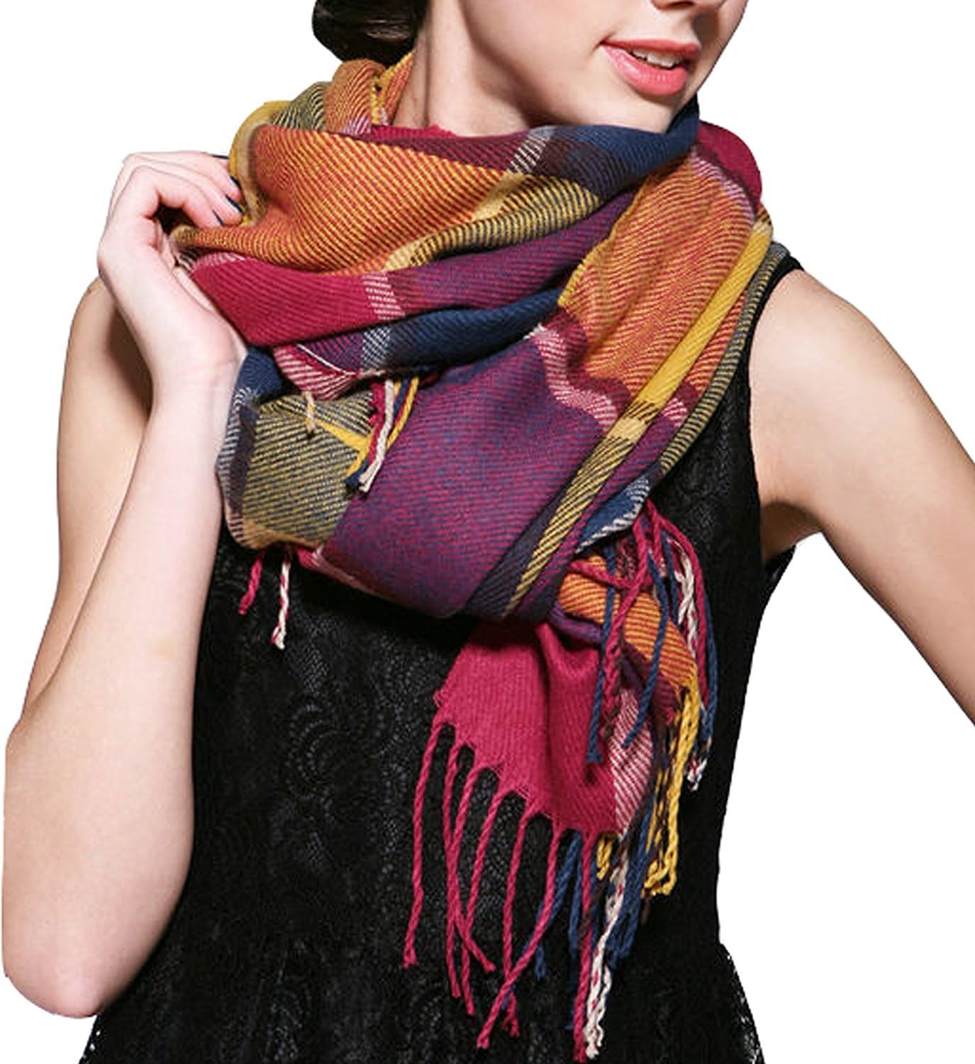 MocasorPlaid Blanket Scarves for Women, Ladies Fashion Winter Warm Tartan d Long Checked Shawls and Wraps