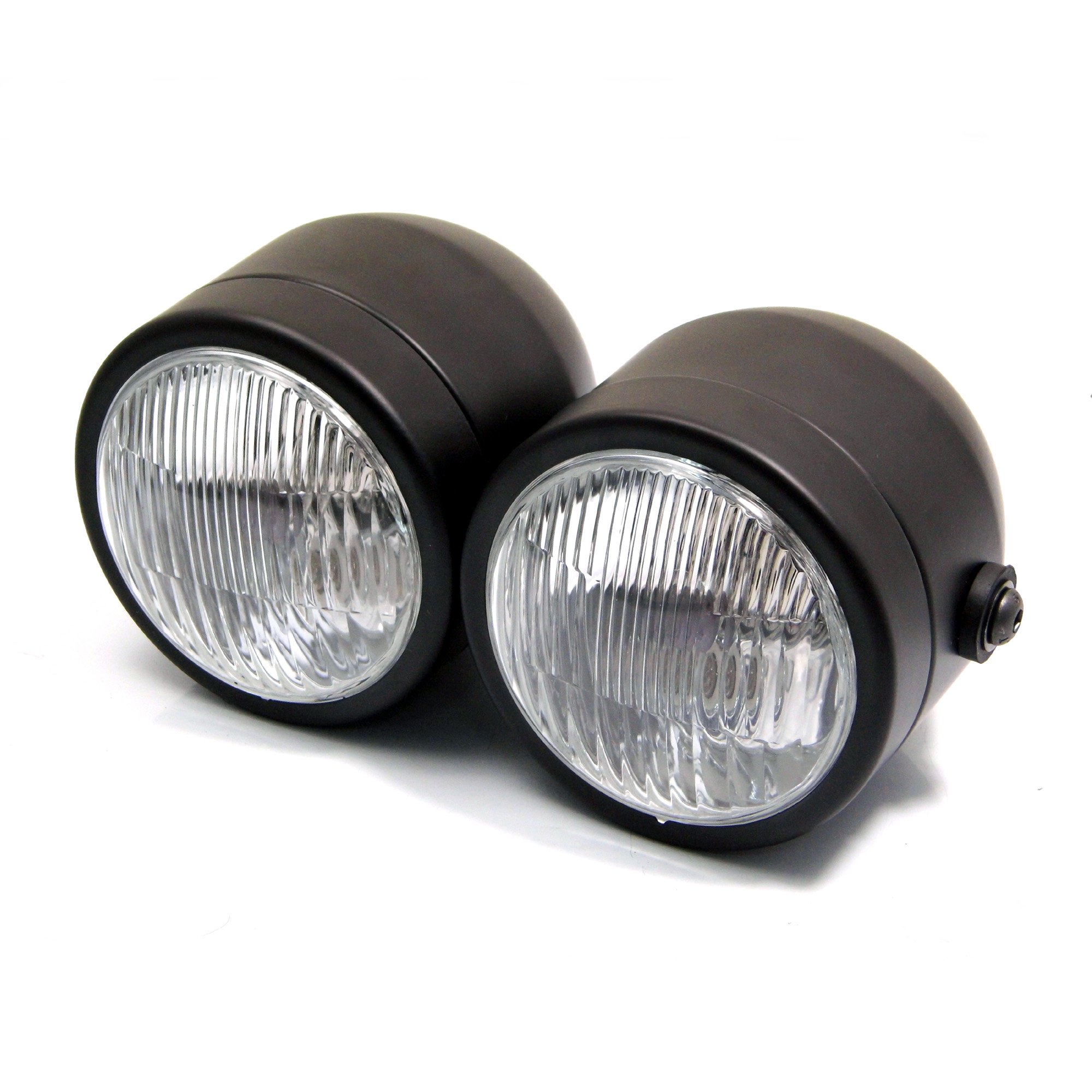 Alchemy Parts Retro Streetfighter Motorcycle Headlights | Motorbike Double Headlight Twin Dual Bulb 35W | Custom Dominator Warrior Bandit Trike (Black no Grill)