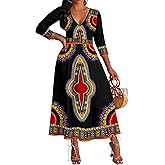 FANDEE Women's Dresses Church Loose Fit V Neck Dress with 3/4 Sleeve and Belt Design Casual Long African Attire Dress