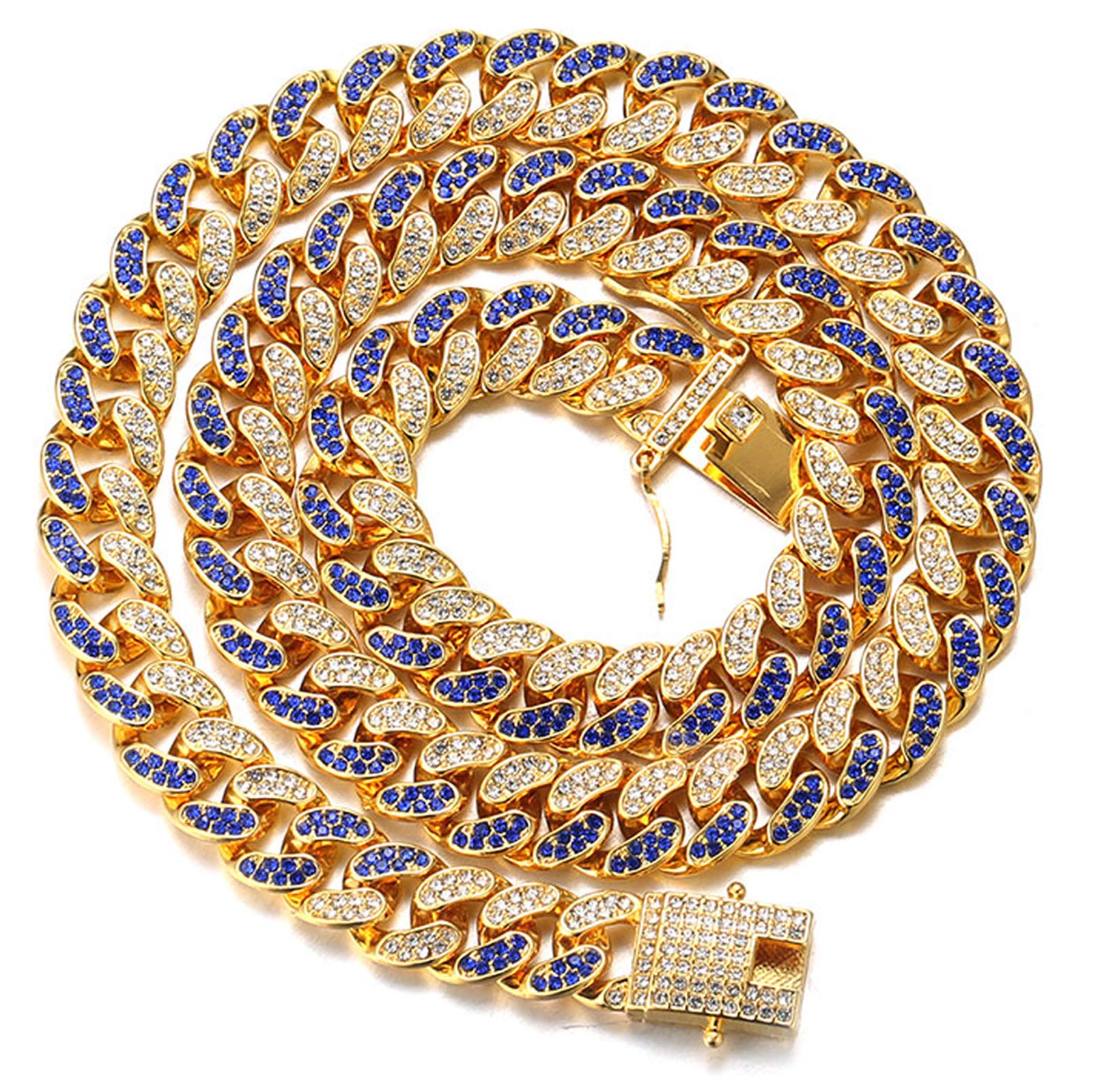 HALUKAKAH Diamond Cuban Link for Men,14MM Fuji Men's Gold Chain Iced Out Miami 18k Real Gold Plated Choker Necklace 55cm,Full Diamonds Blue&Clear Prong Set,Gift for Him