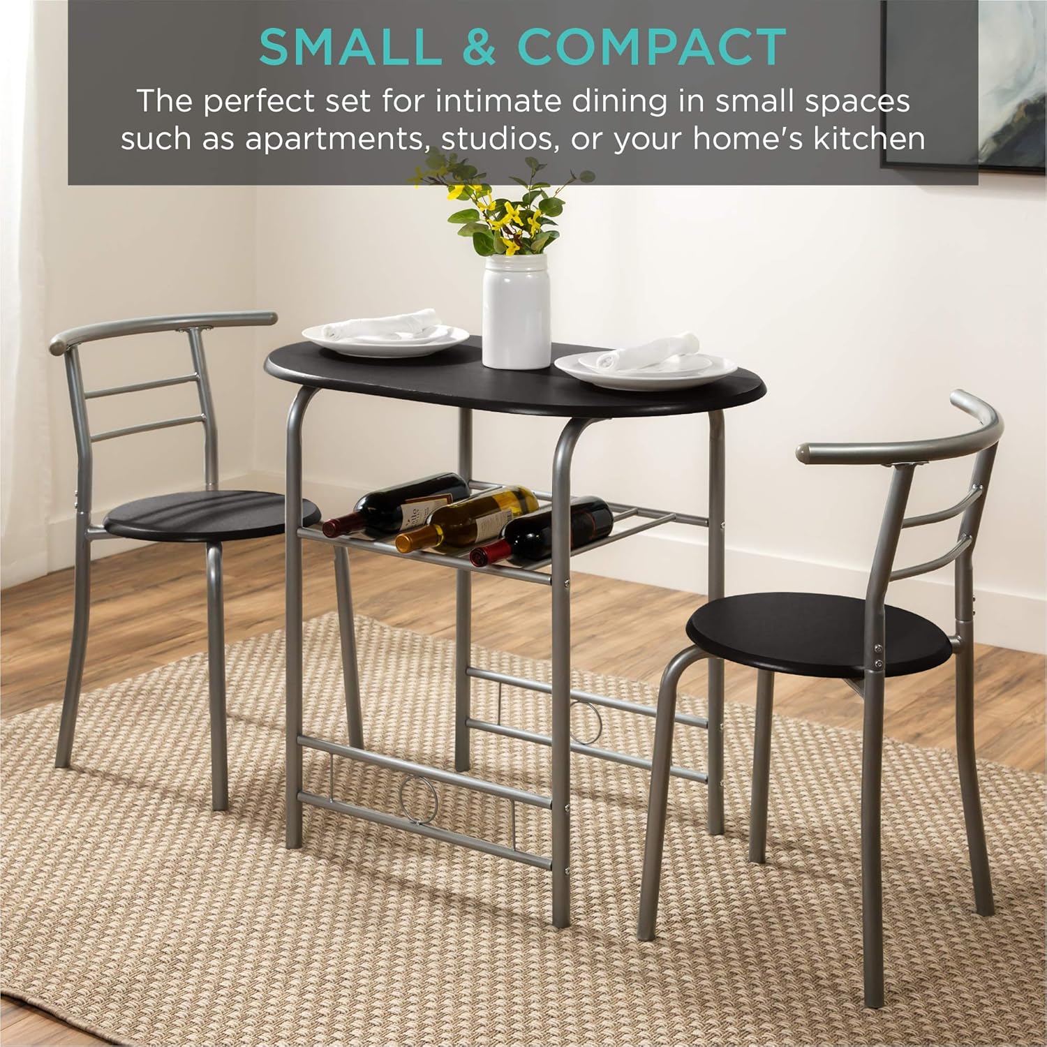 Best Choice Products 3-Piece Wooden Round Table & Chair Set for Kitchen, Dining Room, Compact Space w/Steel Frame, Built-in Wine Rack - Black/Silver: Furniture & Decor
