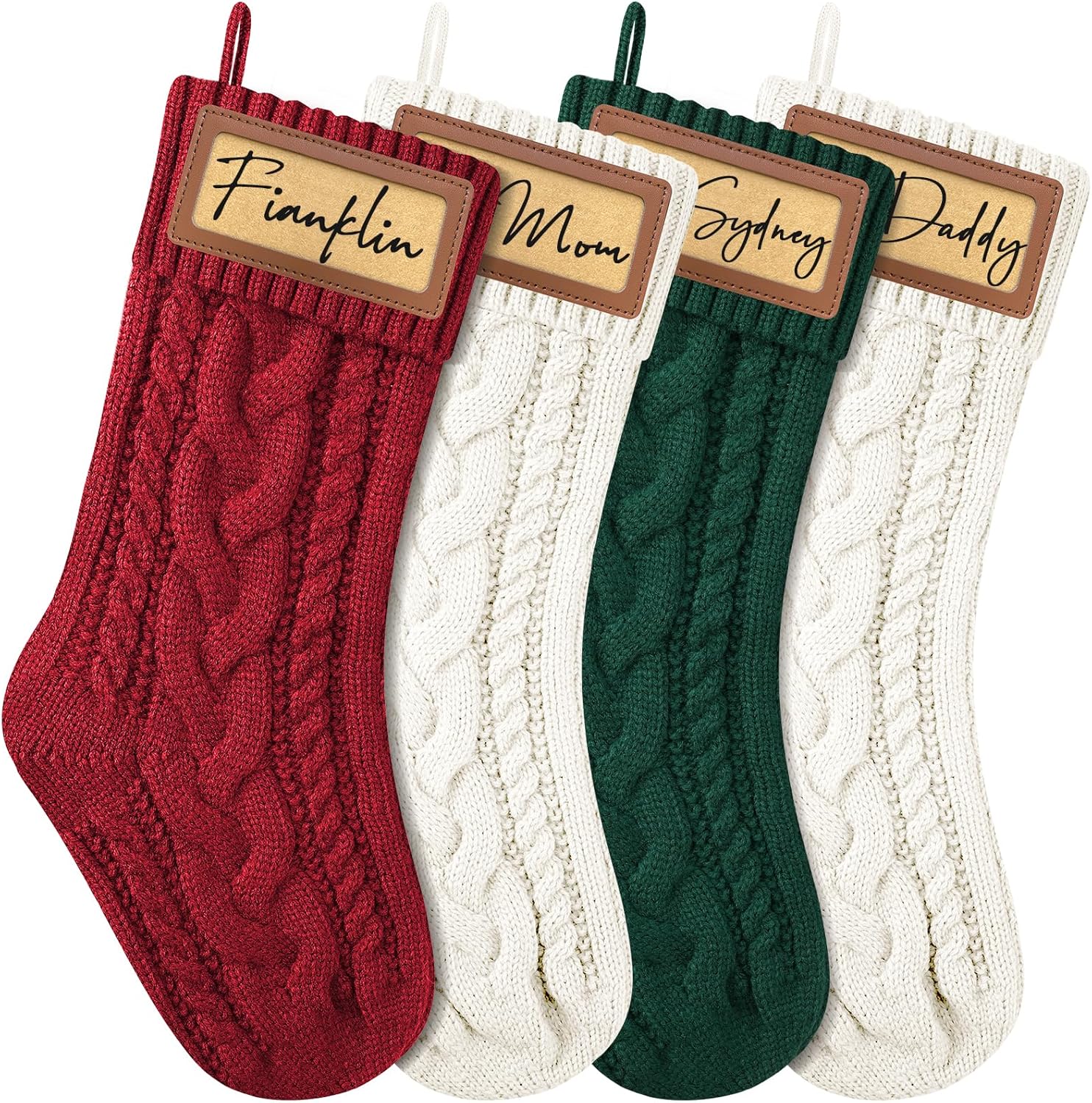 Stockings & Holders - steo spce Personalized Christmas Stocking with Leather Patches Custom Name Family Christmas Stockings, 18.5” Large Knitted Xmas Stockings for Kids, Holiday and Fireplace Party Decoration- 4Pcs