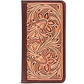 Full-Grain Buffalo Leather Floral Tooled Long Bifold Wallet - Sleek RFID-Blocking Vertical Wallet - Men's Bifold Wallets w/ 8 Slots, 2 Long Side Pockets, and Sleeve for Birthday, Christmas, and More