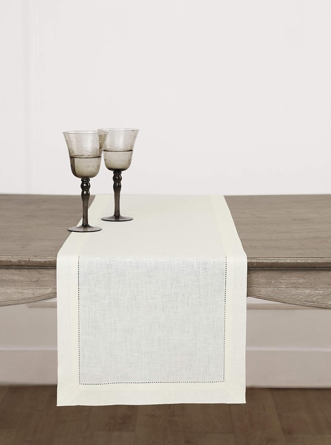 Solino Home 100% Pure Linen Hemstitch Table Runner - 14 x 90 Inch, Handcrafted from European Flax, Machine Washable Classic Hemstitch - Ivory: Home & Kitchen
