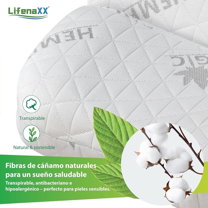 Almofada cervical de cânhamo LX-053 – Almofada ergonómica de espuma viscoelástica com capa lavável – suporte natural ao pescoço, respirável e confortável