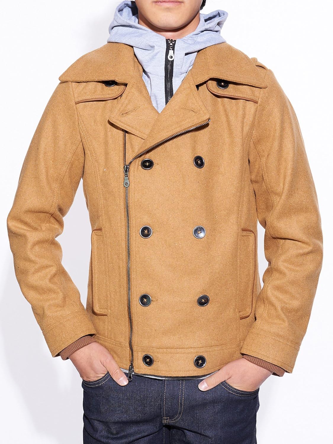 ベージュ Ll Pコート メンズ ショート メルトン ジャケット フード付き ブルゾン Intheattic アウター メンズ ウールジャケット ピーコート 2way 着脱 パーカー 暖かい 保温性 防寒 カラー ブラック 黒 グレー ベージュ ニット 通販 Amazon