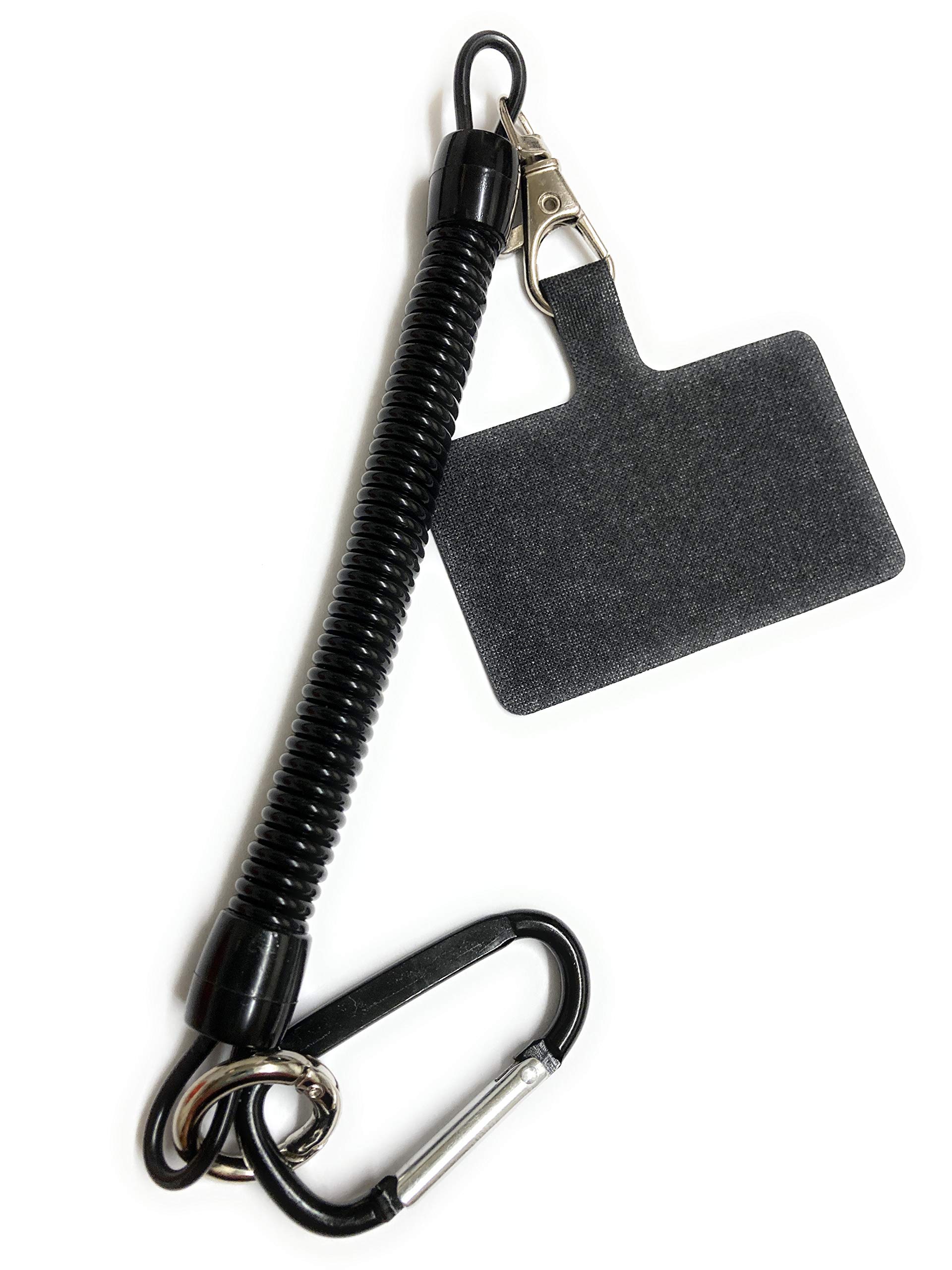 Elastic Black Mobile Phone Lanyard, Black Spring Lanyard With Carabiner, Universal, Theft Proof Anti-Lost Elastic Tether With Patch, Stretchy, Cellphone And Keychain Elastic Lasso