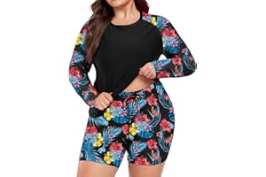 FOREYOND Women's 2 Piece Plus Size Rash Guard Long Sleeve Swimsuits Swim Shirt and Short Bathing Suit UPF 50+