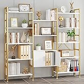 Yusong Bookshelf Triple Wide 5 Tier Bookcases with Storage Cabinet, Industrial Large Modern Tall Bookshelves with 12 Open Display Shelves for Living Room Office Bedroom, White and Gold