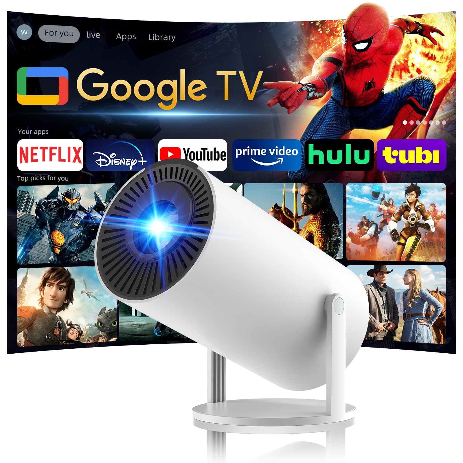 Photo 1 of [320ANSI/Google Store/Voice Control] Smart Projector with WiFi and Bluetooth, 10,000+ Apps, Pericat 4K UHD Home Theater Portable Mini Movie Projector, Indoor & Outdoor Use [180° & Netflix-Compatible]