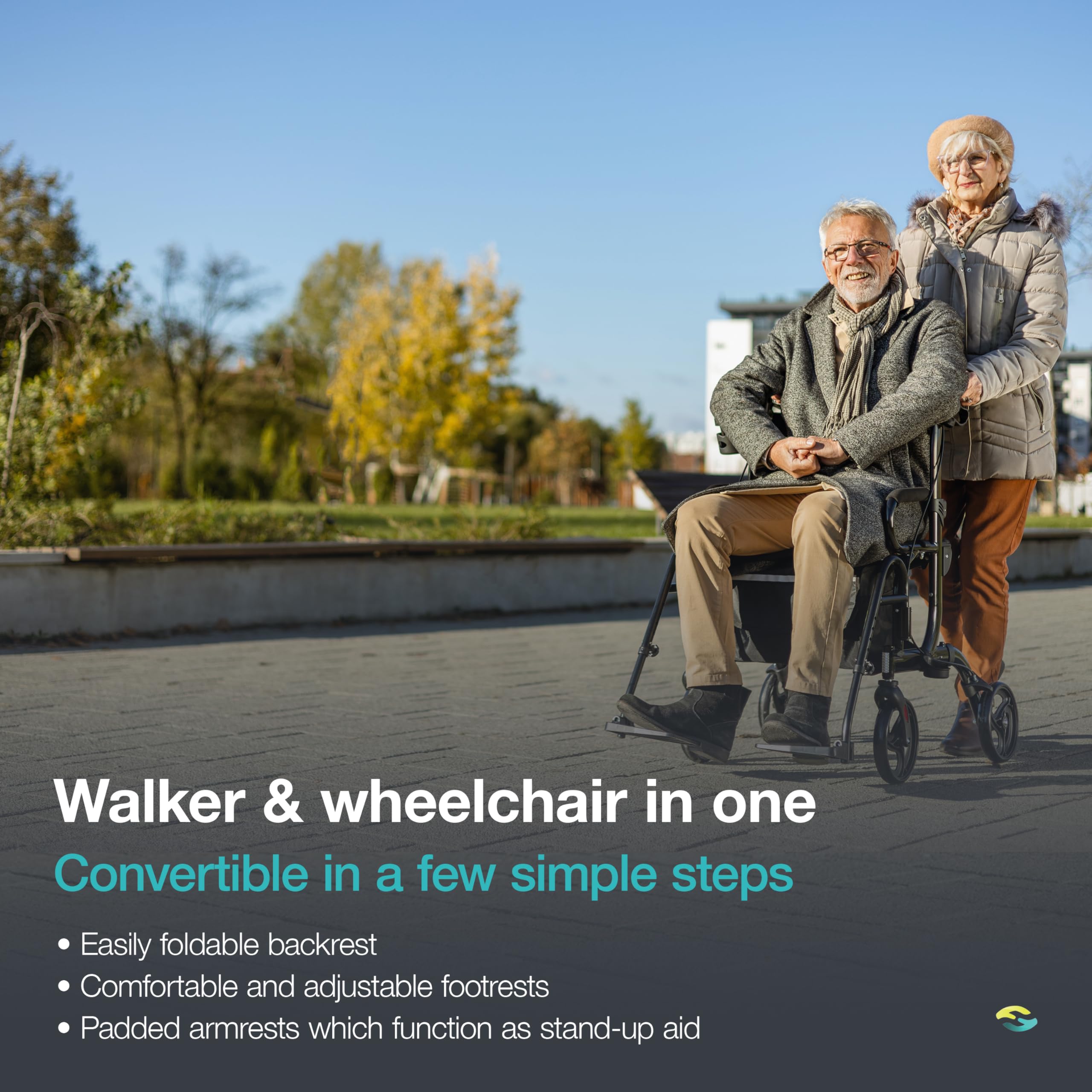 Helavo 2 in 1 Walker Wheelchair Combo - Foldable Aluminum Rollator with Footrests - Convertible to a Transport Chair, 300 lbs Load Capacity - Maximum Mobility in All Situations