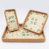Set of 3 Rectangle Rattan Serving Trays with Mother of Pearl Inlay – Hand-Woven Wicker Trays for Coffee Table, Bathroom, Kitchen Counter or Entryway, Boho Coastal Decor, Four-Leaf Clover Design