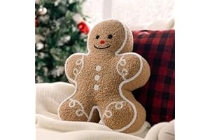 Phantoscope Gingerbread Man Merry Christmas Throw Pillow, Plush Teddy Xmas Gingerbread Shaped Pillows Christmas Decorative Pillow for Couch Living Room Bed, Beige,13 x 17 inches