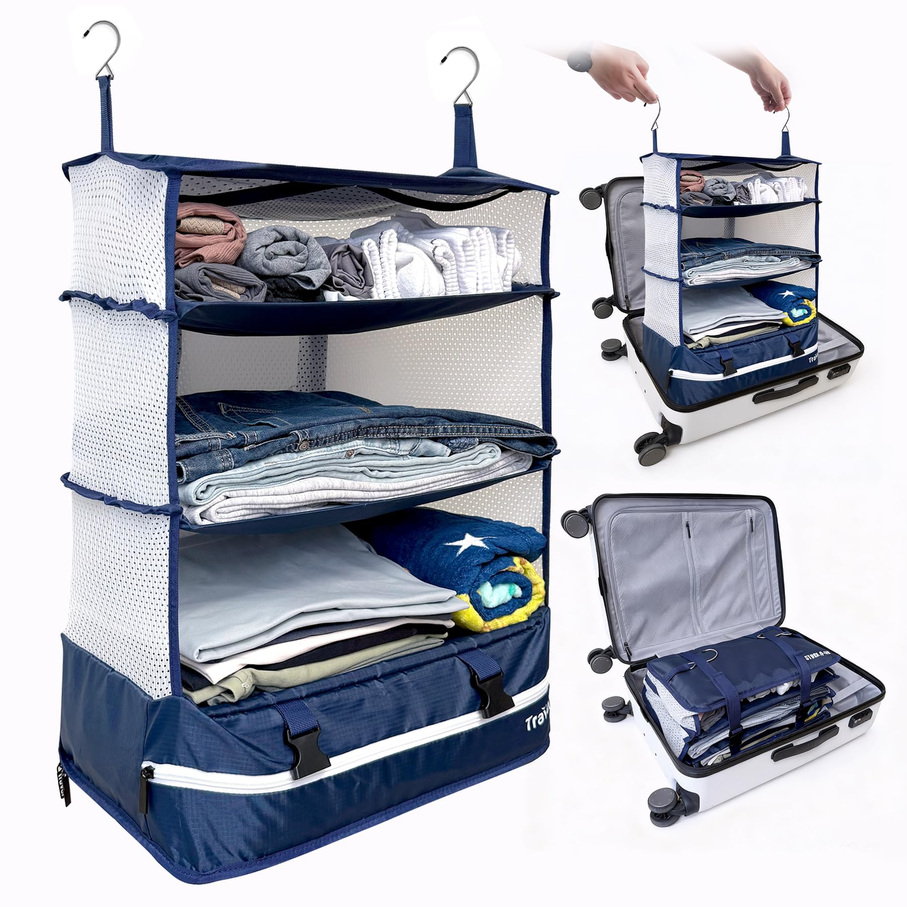 Grand Fusion Housewares Stow-N-Go Luggage and Travel Organizer, Travel Essentials, Hanging Packing Cubes With Hanging Shelves And Laundry Storage Compartment, Blue