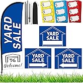 Buryeah Yard Sale Feather Flag Signs Set, 1 Pack 7ft Yard Sale Banner with Pole Kit, 3 Pack Double Sided Yard Sale Signs with Stakes, 150 Count Large Item Pricing Stickers(Blue)