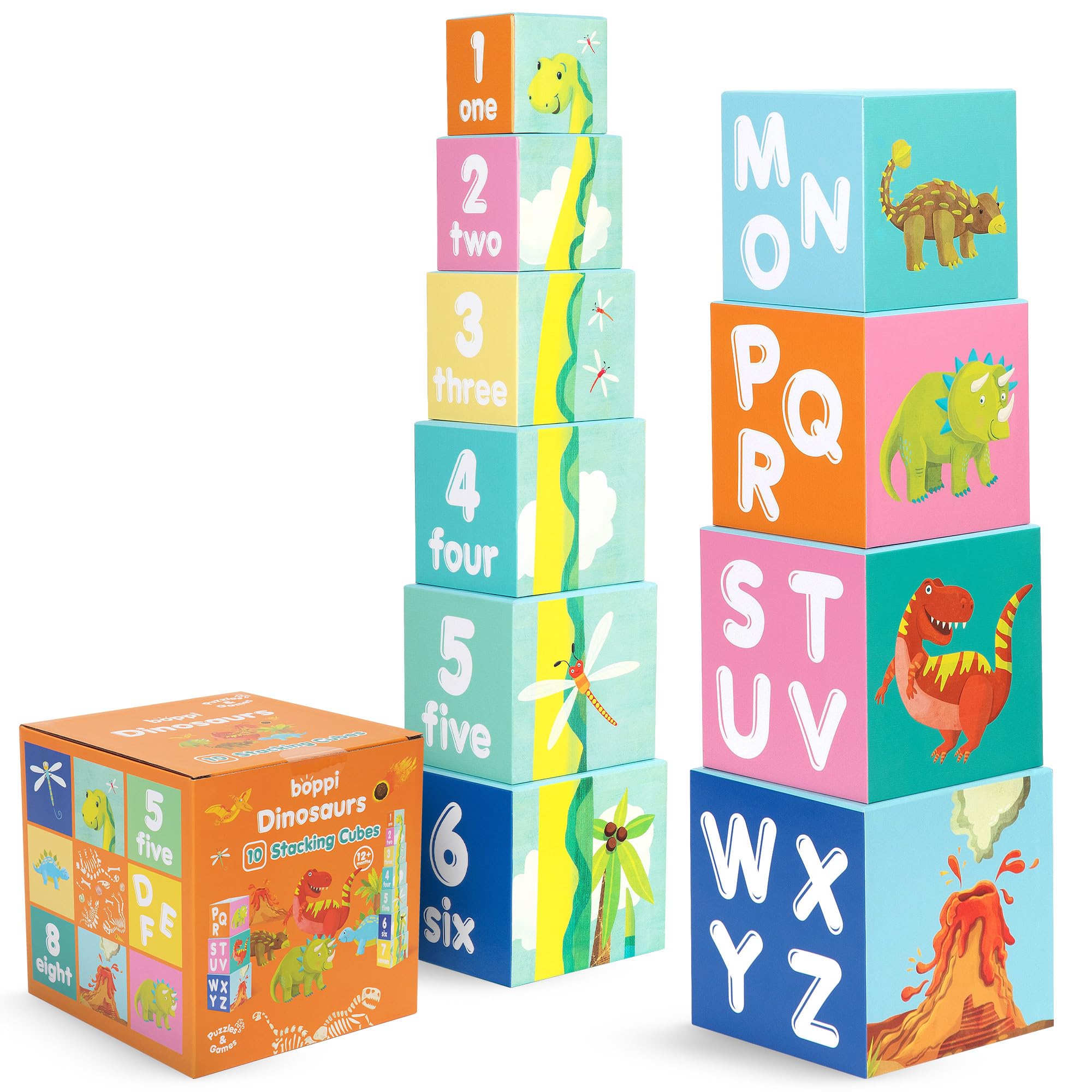 boppi Stacking Blocks Dinosaur Toddler Toys with Letters and Numbers, Montessori/Educational Toy Cubes for Toddlers, Preschool Learning Baby Toy