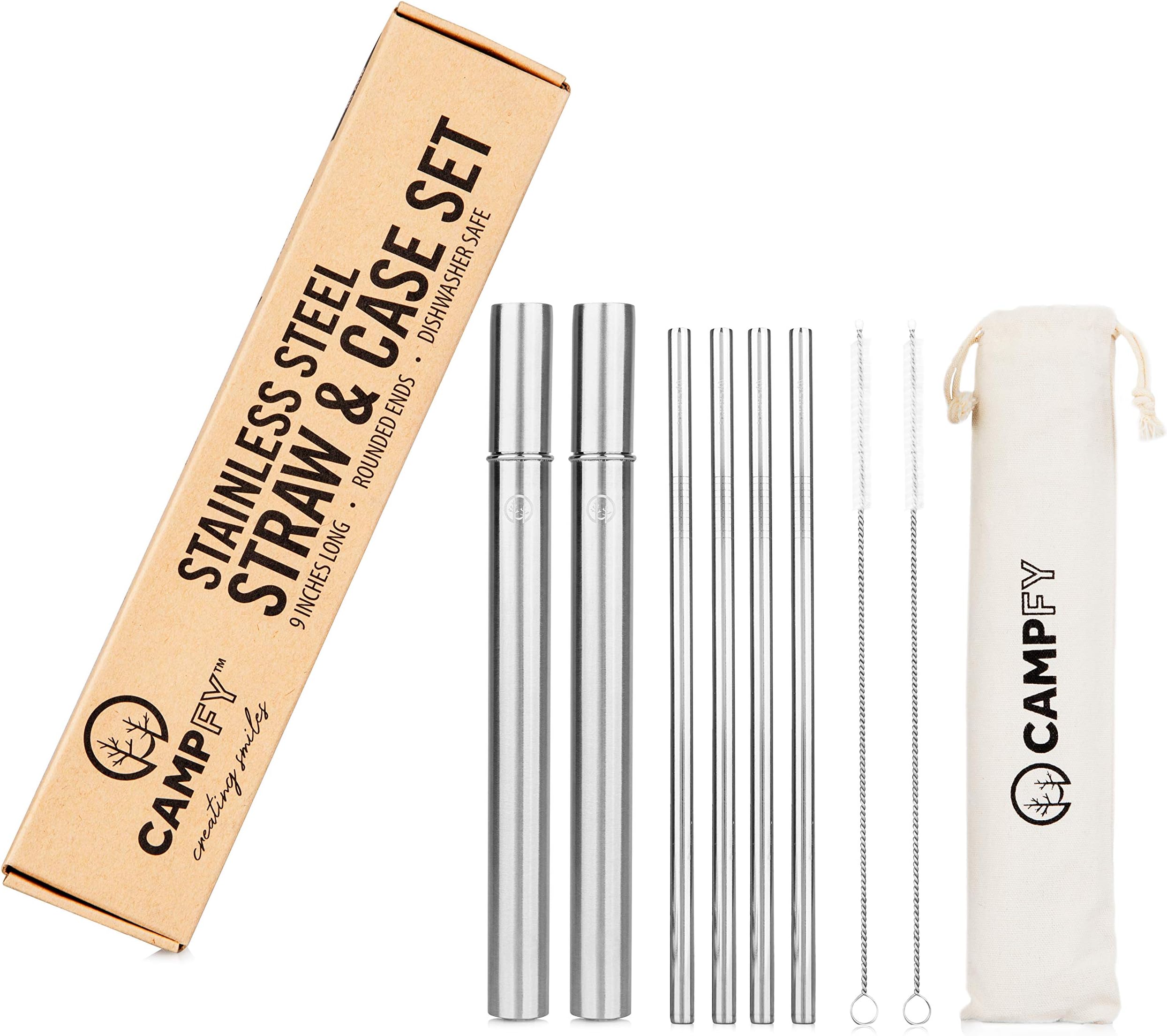 CAMPFY Stainless Steel Drinking Straw & Case Set: 4 Reusable Straws + 2 Travel Cases + 2 Cleaning Brushes - Metal Drinking Straws for Reduced Plastic Consumption - Eco-Friendly - Dishwasher Safe