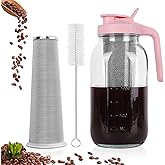 Cold Brew Coffee Maker，64 oz Wide Mouth Mason Jar Pitcher with Stainless Steel Filter, Pour Spout Handle Lid, Heavy Duty Glass Airtight & Leak-Proof for Iced Coffee & Tea Lemonade-Pink