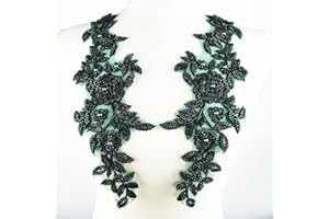 YOOGCORETT 1 Pair Deep Green 3D Lace Embroidered Trim, Sew on Flower Bead Fabric Patches for Wedding Dress Decor DIY Sewing Clothing Applique 12.6" x 4.3"Inch