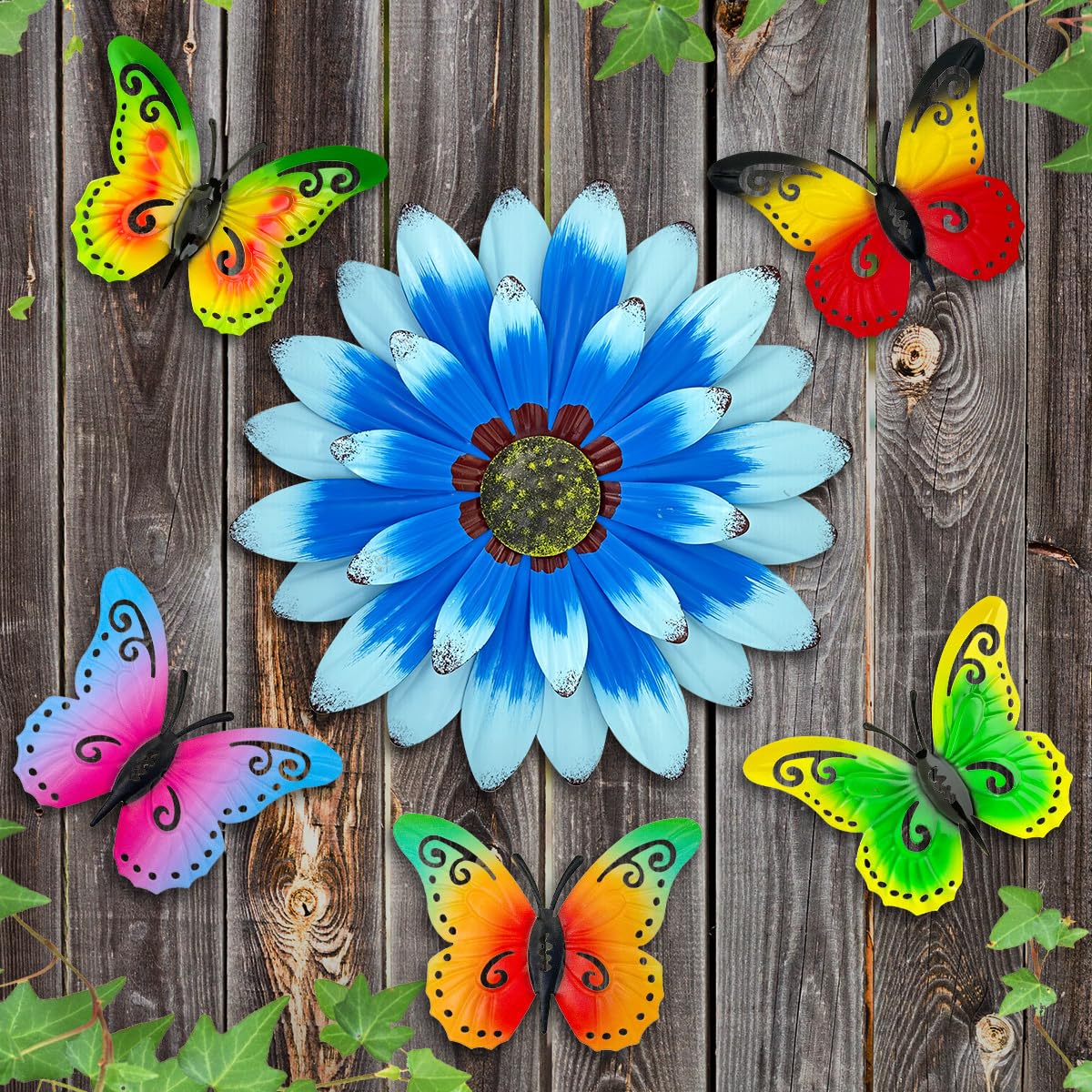 Giyyomtr Metal Flowers Wall Decor with 5 butterflies, Metal Wall Art Hanging Decorations for Outdoor Fence Garden Yard Patio Decor, Gift for Mom Friends