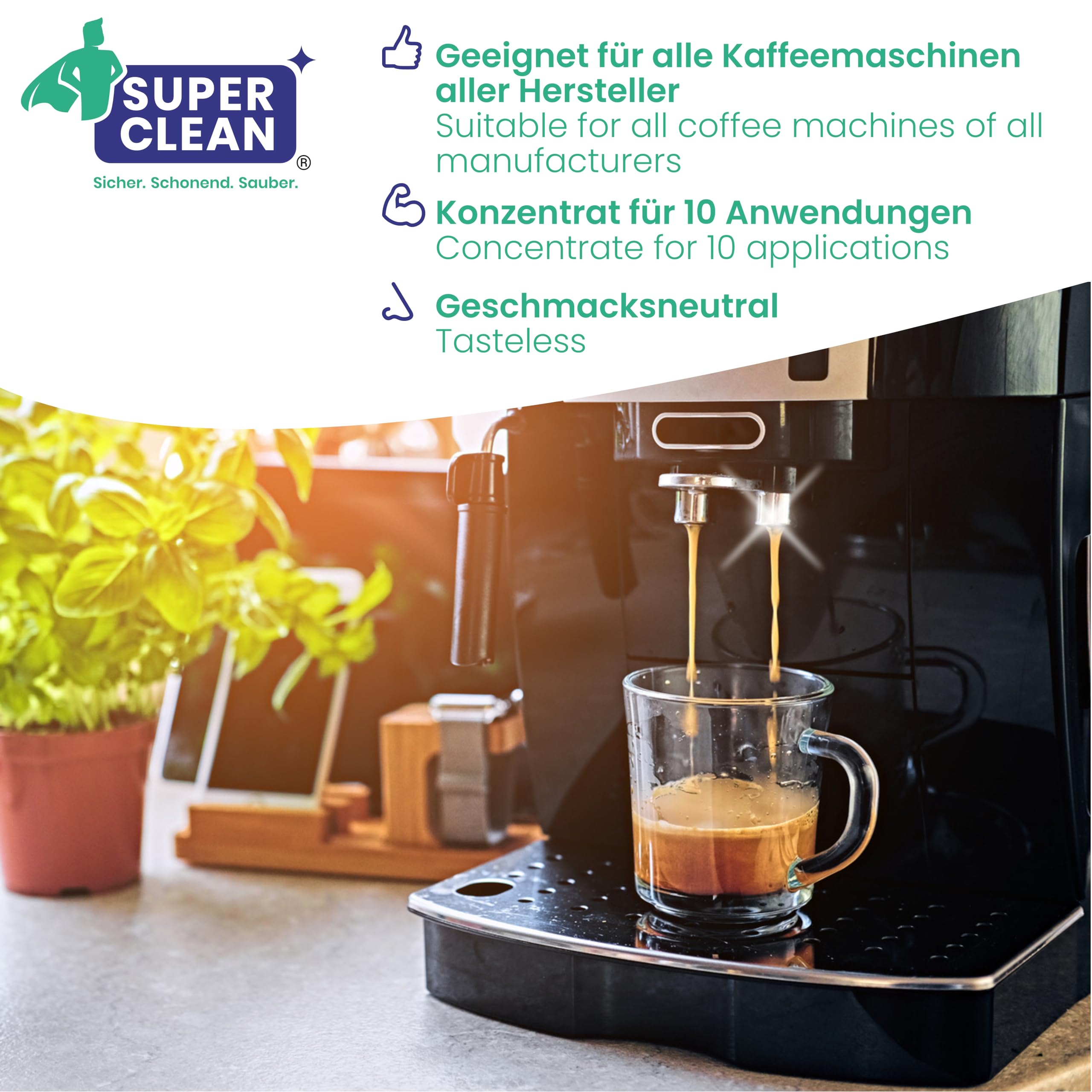SUPER CLEAN 1 x 1L Entkalker Konzentrat Kaffeevollautomat - Flüssig - Für alle Maschinen & Marken - 10 x Entkalkung - Effektiver Flüssigentkalker von Kaffeemaschinen, Wasserkocher & Duschen 5