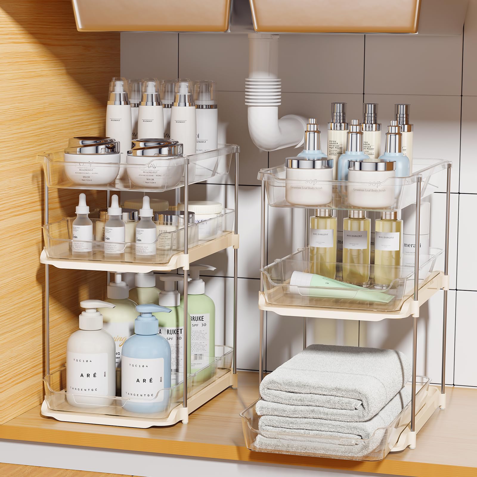 Photo 1 of Delamu 2 Sets of 3-Tier Bathroom Under Sink Organizers and Storage, Multi-Purpose Stackable Pantry Organization and Storage, Beige