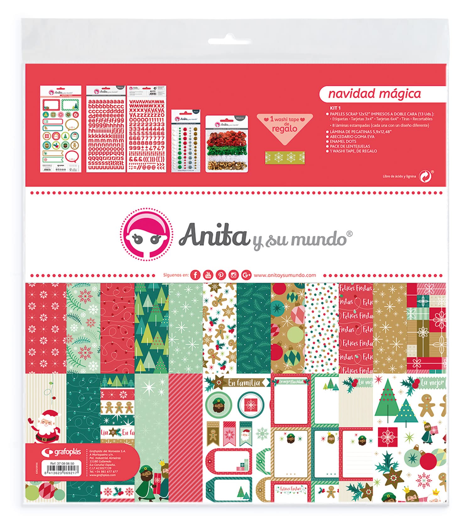 Anita y Su Mundo 37080650 Christmas Scrapbooking Kit, 13 Patterned Papers, Sticker Sheet, Alphabet Enamel Dots, Sequins and Washi Tape, Magical Christmas Collection