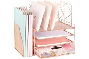 Spacrea Desk Organizers and Accessories, 4-Tier Letter Trays Paper Organizer with File Holder and Drawer, File Organizer for Home Office Supplies Desk Accessories & Workspace Organizers（Rose Gold）