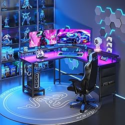L Shaped Gaming Desk with LED Lights & Power