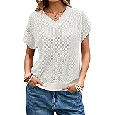 Cakulo Summer Crochet Tops for Women 2025 Short Sleeve V Neck Hollow Out Knit Beach Cover Up Casual Sweater Top