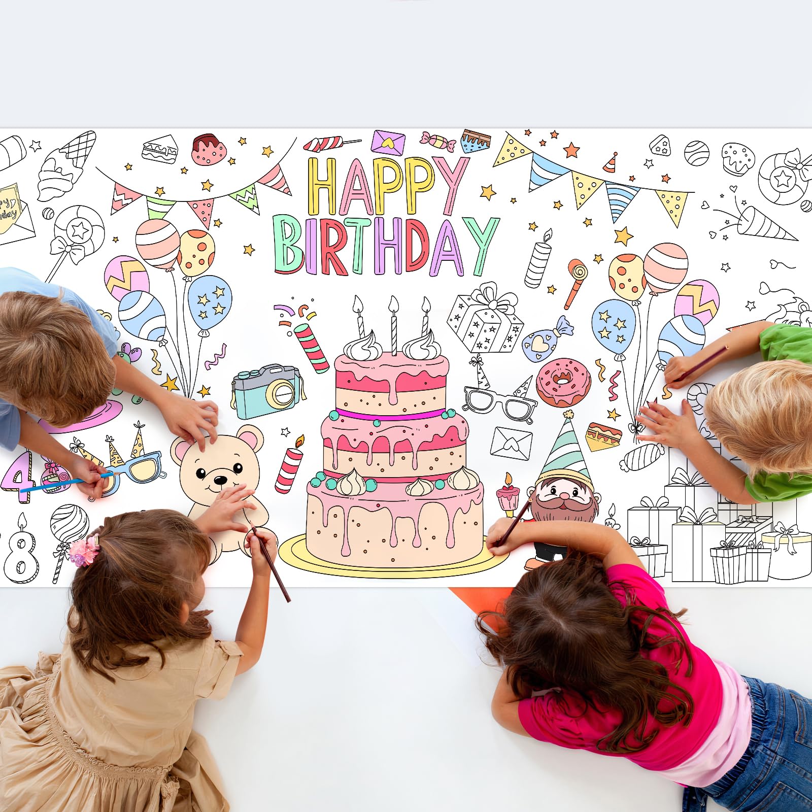 Happy Birthday Giant Coloring Poster 71 x 31 inches Large Birthday Party Coloring Tablecloth for Kids, DIY Cake Balloons Hats Banners Coloring Party Activity Poster & Table Cover,Jumbo Coloring Banner