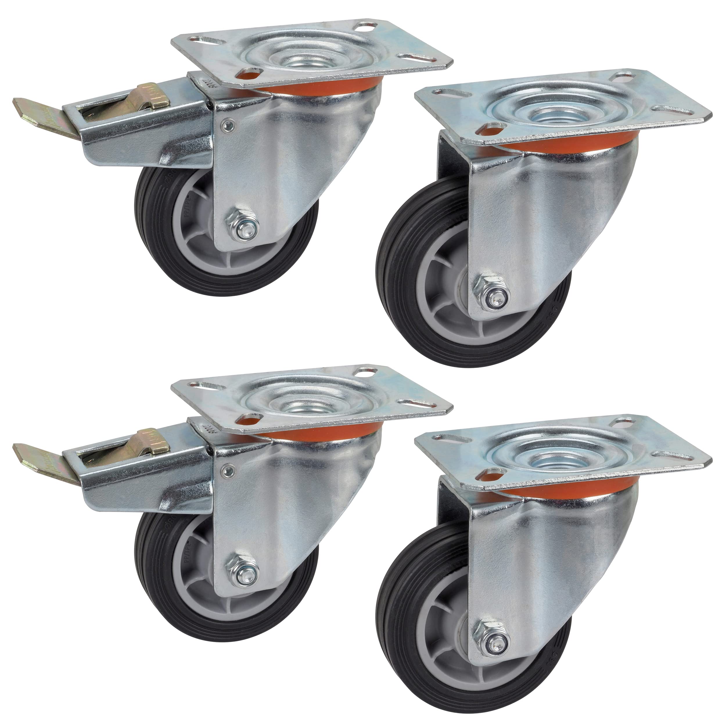 Dörner + Helmer Set of 4 Transport Equipment Swivel Castors 80 mm TPE, Panel 100 x 85 mm, Roller Mix, Load Capacity 150 kg per Set