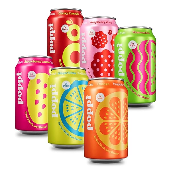 POPPI SPARKLING PREBIOTIC SODA BEVERAGE WITH APPLE CIDER VINEGAR, SELTZER WATER AND FRUIT JUICE, FUN FAVORITES VARIETY PACK, 12 FL OZ, PACK OF 12, PACKAGING MAY VARY